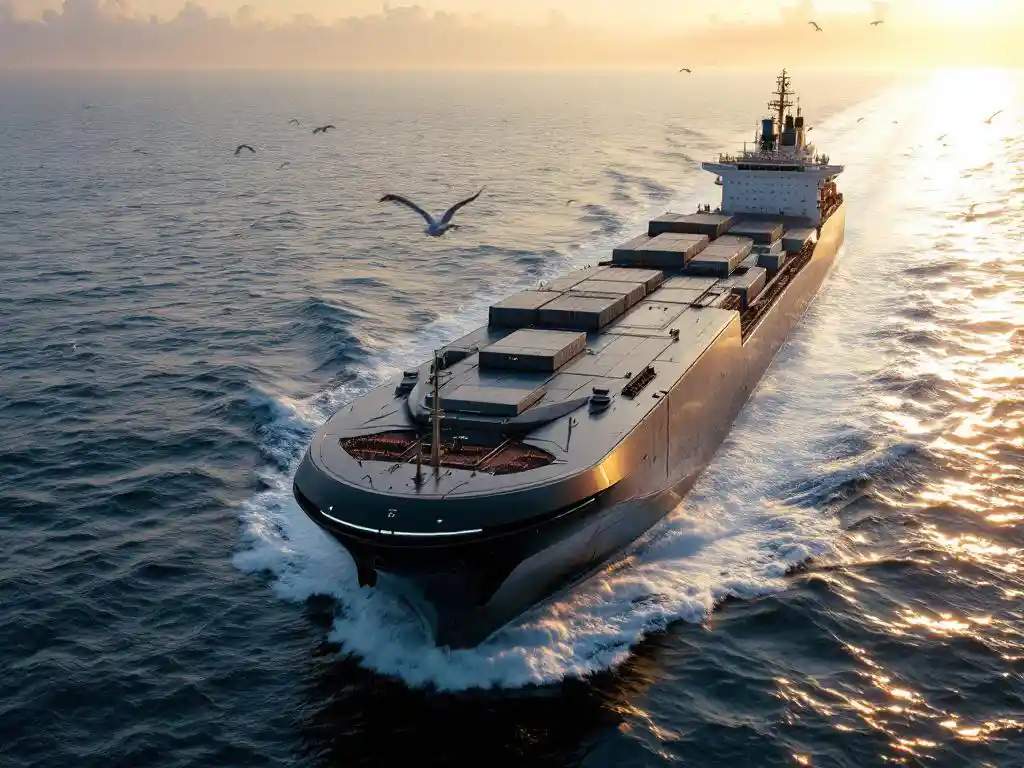 Autonoom vrachtschip met sensoren vaart voor traditioneel schip met bemanning op kalme oceaan bij zonsondergang