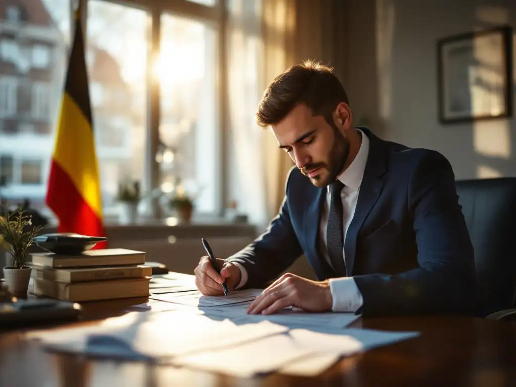Professionele expediteur in marineblauw pak bekijkt Belgische douanedocumenten aan mahonie bureau met Belgische vlag