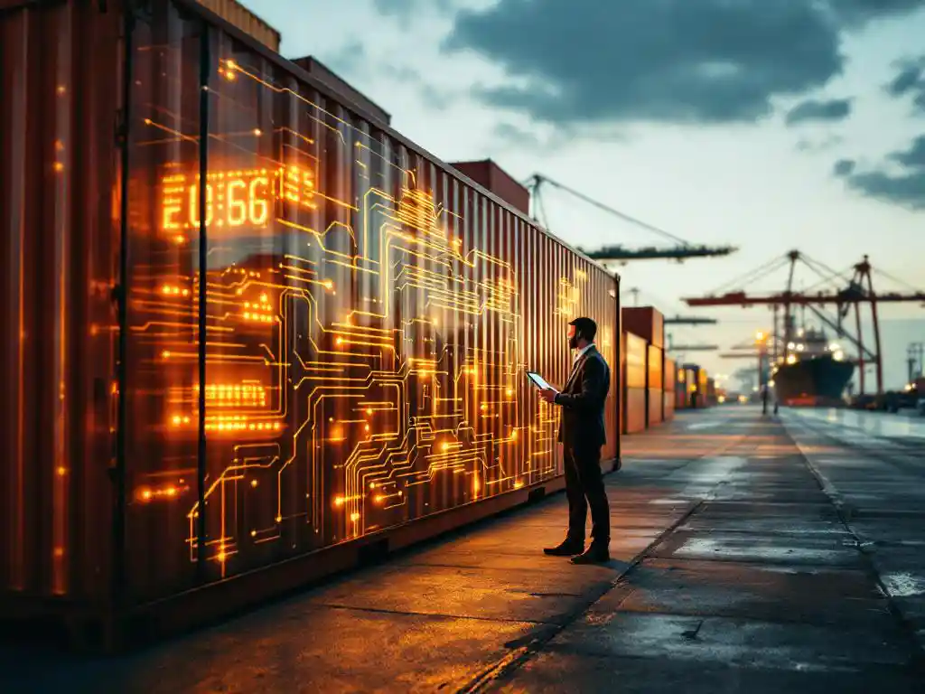 Vrachtcontainer met digitale circuitpatronen op havenkade, logistiek professional bekijkt tablet naast verlichte container
