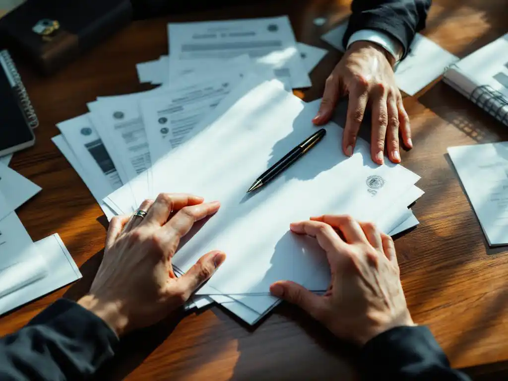 Professionele expediteur organiseert internationale vrachtdocumenten en douaneformulieren op houten bureau