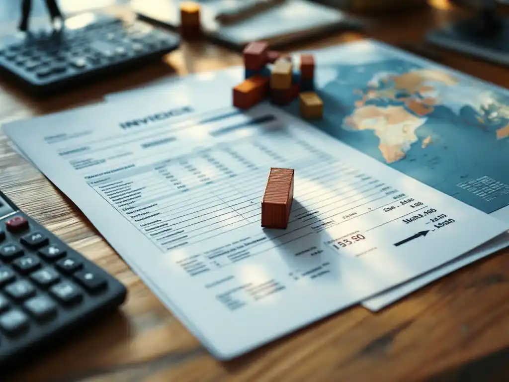 Logistiek coördinator bureau met verzendingsfactuur, miniatuur containers, wereldkaart met scheepsroutes en calculator
