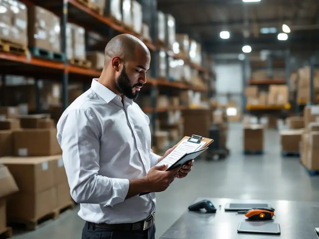 Logistiek coördinator controleert inventarislijst op klembord in moderne magazijn met pallets en dozen