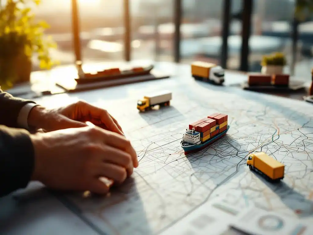 Vrachtverzender plant transportroutes met miniatuurmodellen van schip, trein en vrachtwagen op kaart van Haven Antwerpen