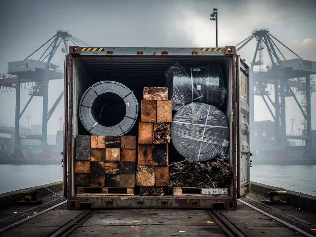 Open-top shipping container loaded with steel coils, timber, and wrapped machinery on an Antwerp port dock, cranes visible through misty overcast sky.