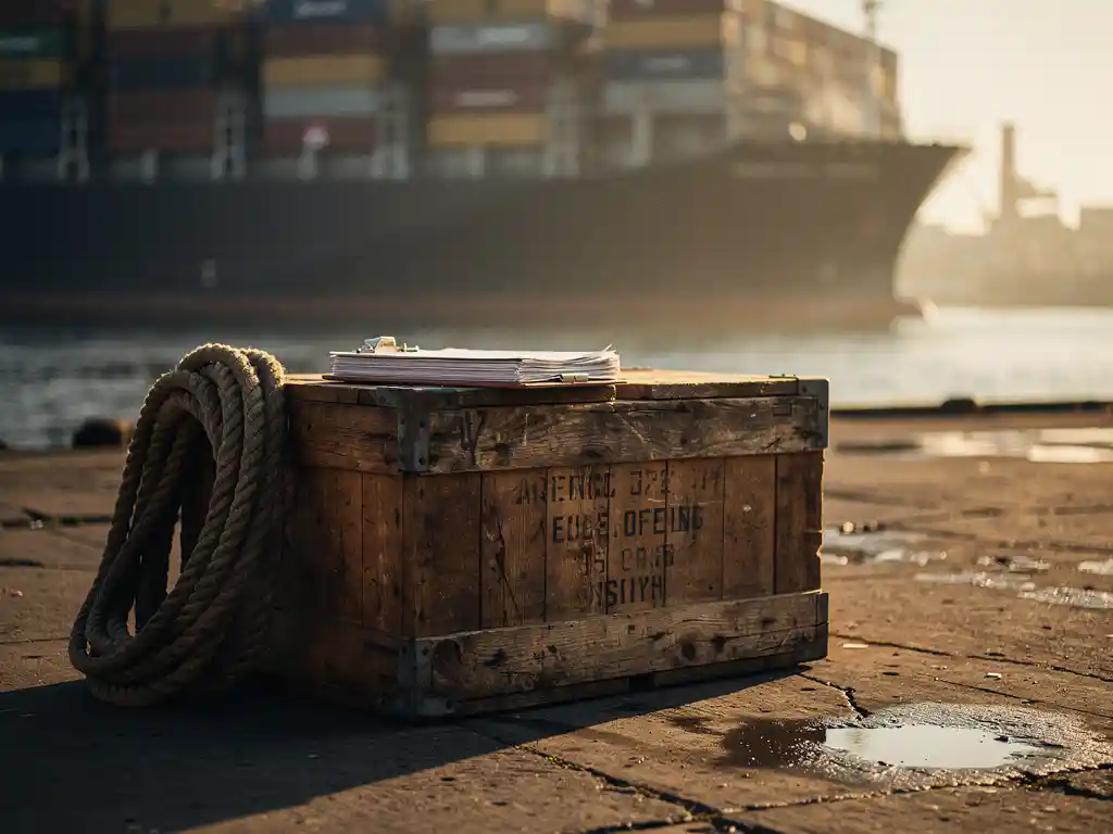 Weathered wooden shipping crate with stenciled codes on Antwerp port dock, cargo manifest clipboard and rope nearby, container ship in misty background.