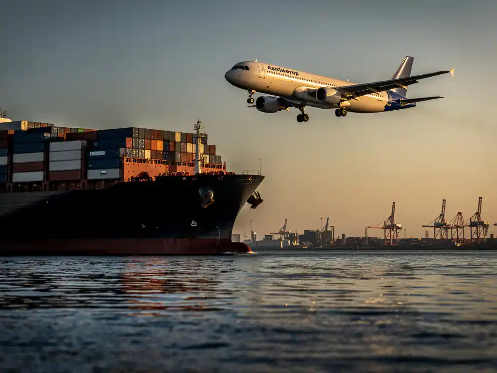 Cargo ship and commercial aircraft sharing the horizon at the Port of Antwerp in golden late-afternoon light.