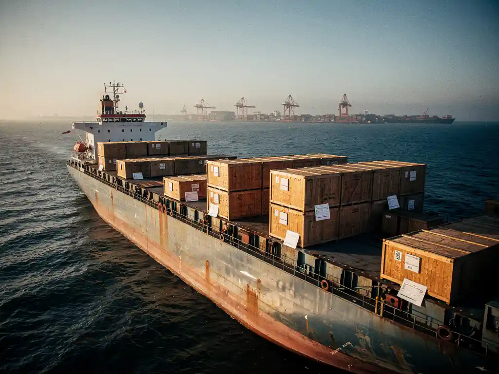 Steel cargo ship crossing open sea at golden hour, wooden crates with freight documents on deck, Port of Antwerp visible on horizon.