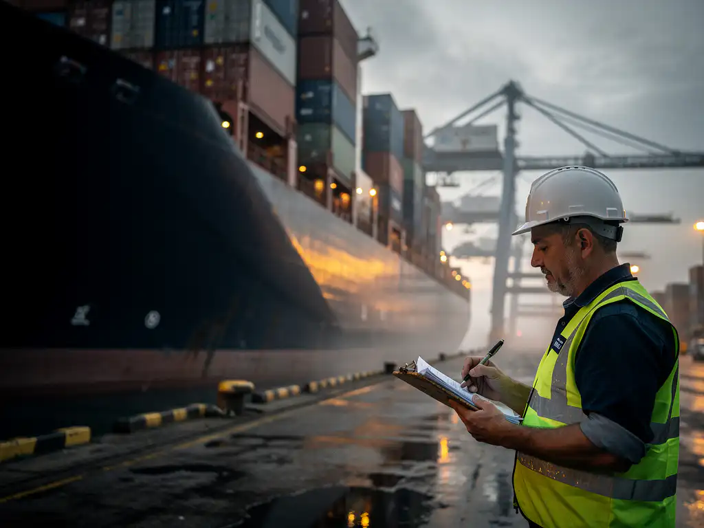 Freight forwarder reviewing shipping documents on dock as cargo ship loaded with containers departs a misty North Sea port terminal.