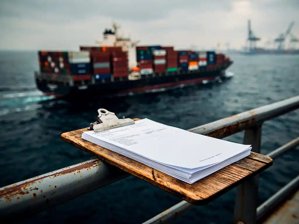 Cargo ship loaded with stacked shipping containers at sea, with marine insurance documents on a weathered clipboard in the foreground.