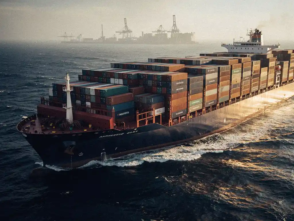 Massive container ship crossing open ocean swells toward Antwerp, deck stacked with colorful shipping containers in late-afternoon light.