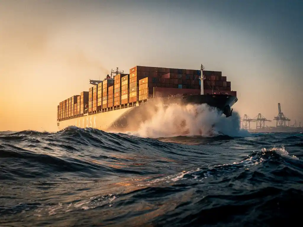 Container ship loaded with rust-orange cargo stacks sailing Atlantic Ocean swells toward Antwerp port at golden hour.