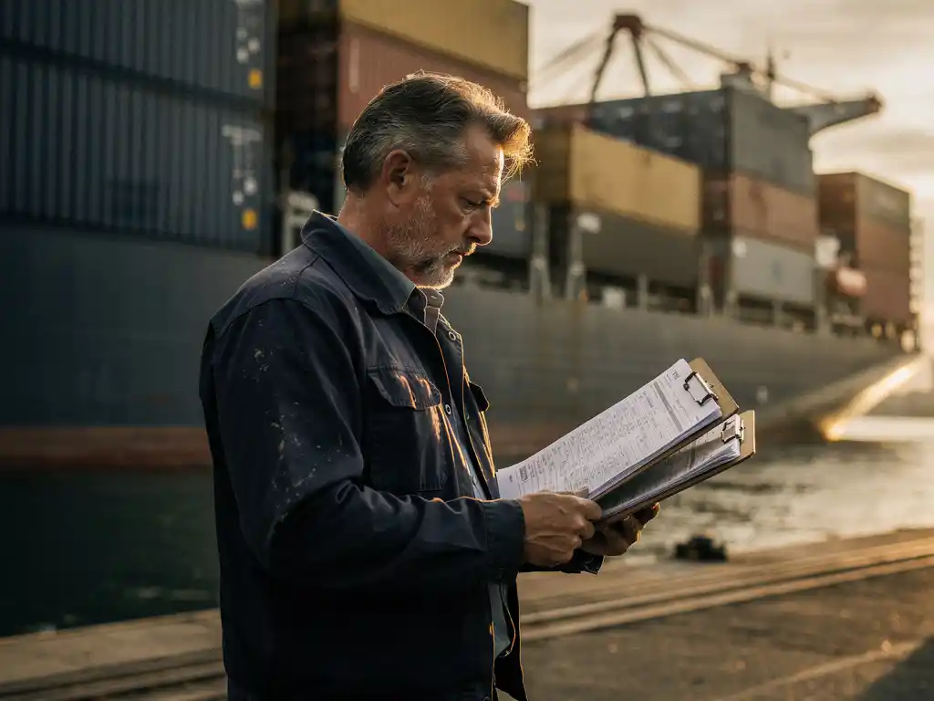Freight forwarder reviewing shipping documents at Antwerp container port, cargo vessel and stacked containers in background.