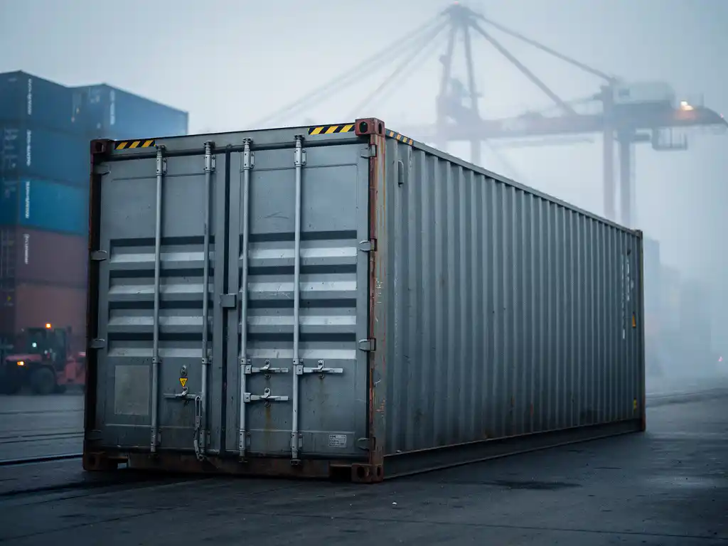 Steel 40-foot shipping container at Antwerp port terminal, with stacked containers and harbor crane visible through misty background.