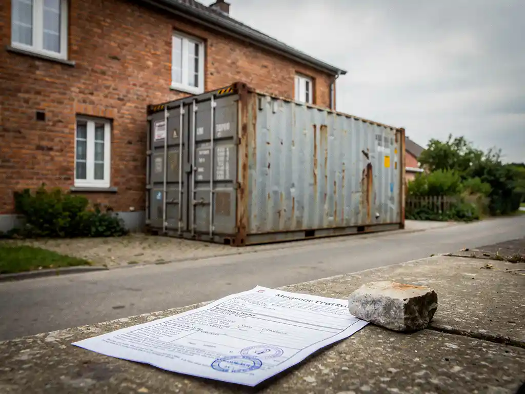 Weathered steel shipping container on a Belgian brick house driveway with a city permit document weighted by a stone nearby.