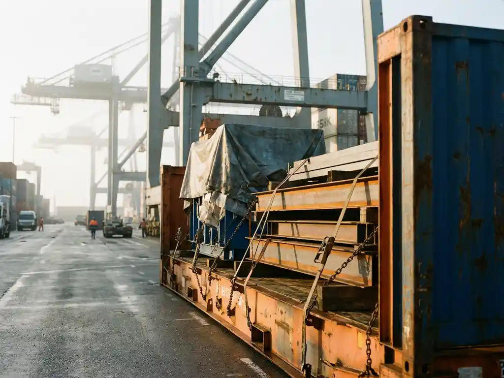 Flat-rack container met vastgesjord industrieel zwaargewicht vracht op terminal in de haven van Antwerpen, kranen zichtbaar in mistige achtergrond.