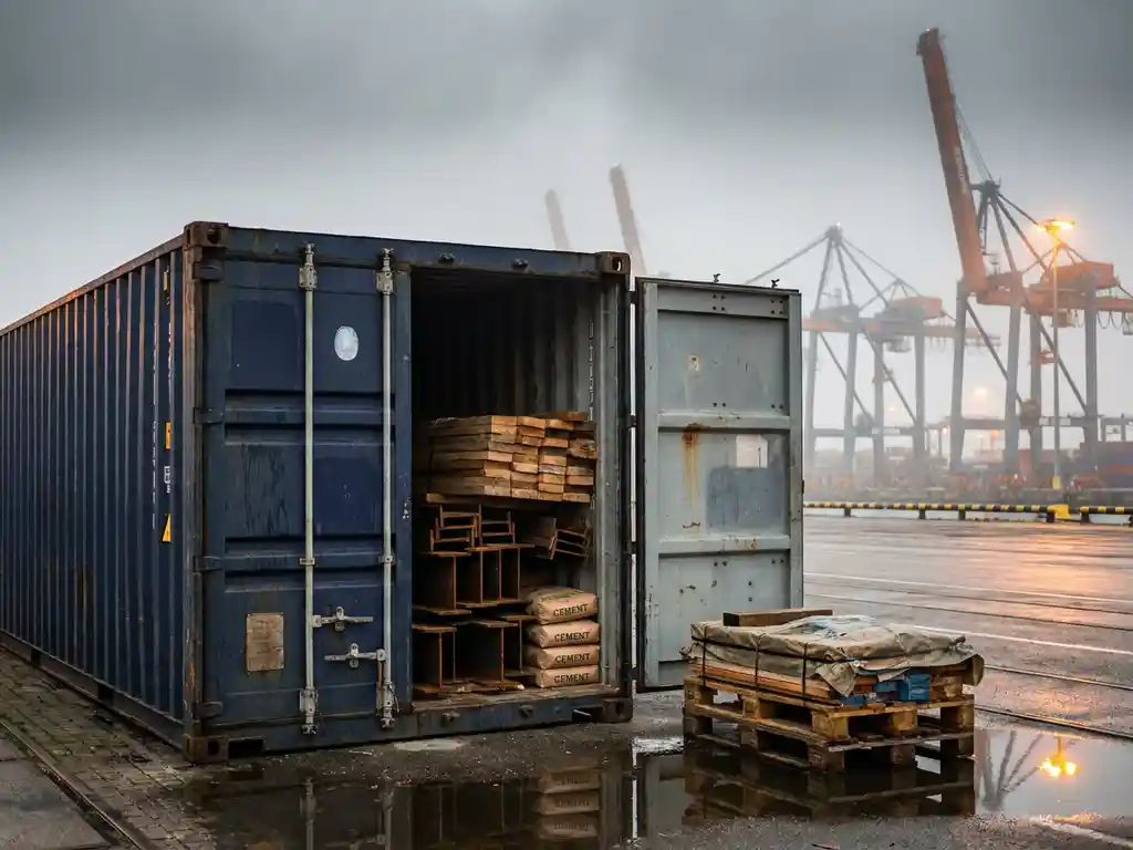 Openstaande zeecontainer vol hout, staalbalken en cementsacks op Antwerpse havenkade, met laadbrug en kranen op de achtergrond.