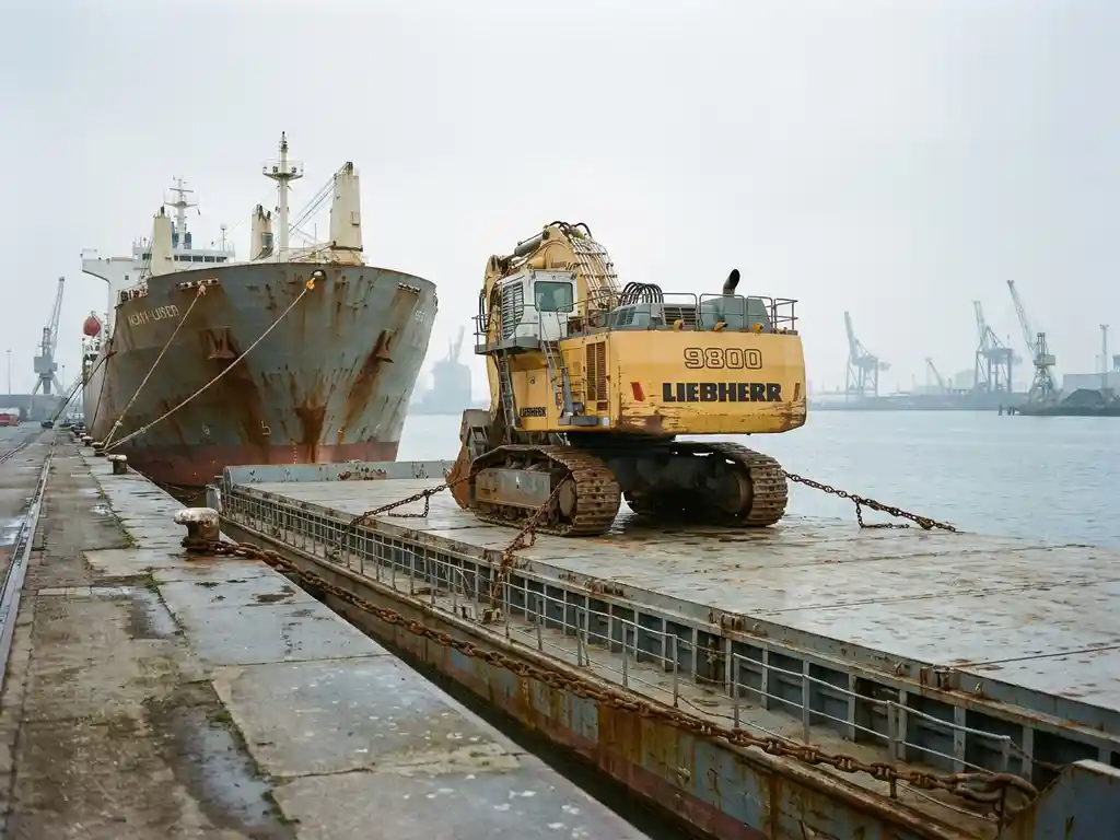 Gele graafmachine vastgezet met zware kettingen op het dek van een heavy-lift vrachtschip in de Antwerpse haven.