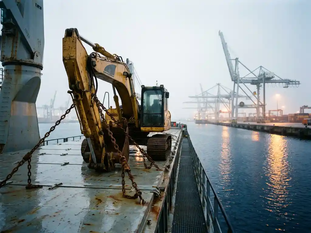 Gele graafmachine vastgezet met zware stalen kettingen op een vrachtschip in de haven van Antwerpen bij mistig weer.
