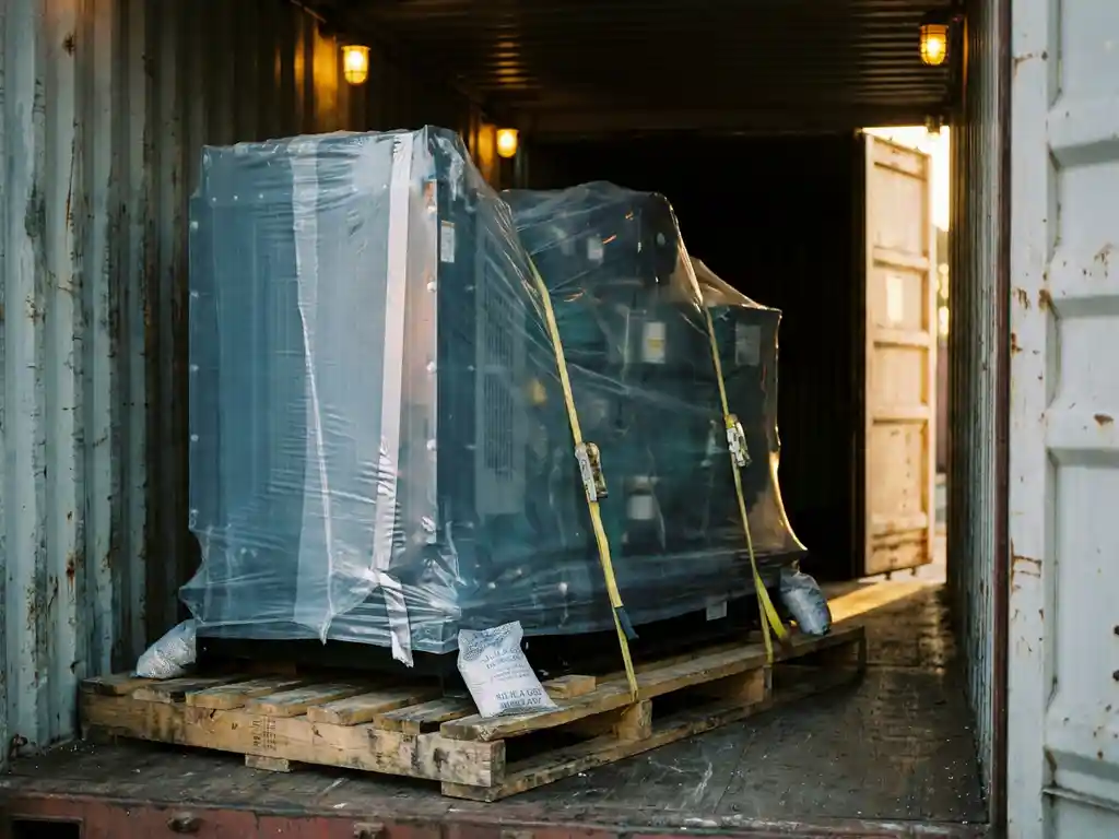 Industriële generator in beschermende krimpfolie op houten pallet in zeecontainer, met silicagel pakketjes zichtbaar.