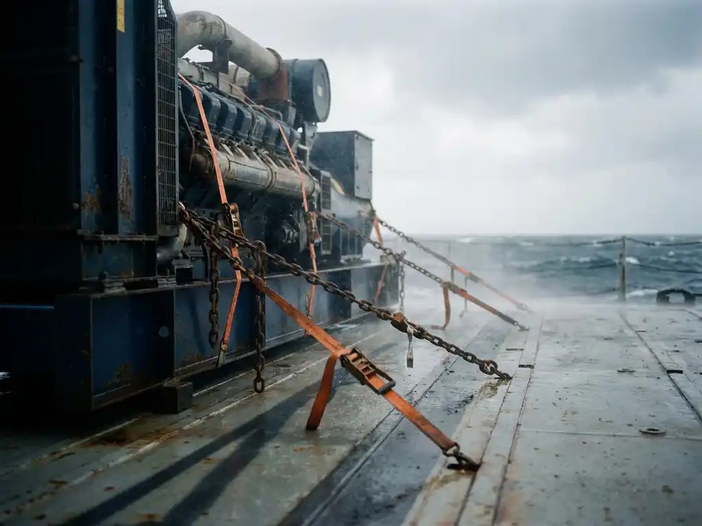 Industriële generator vastgezet met stalen kettingen en oranje sjorbanden op een vrachtschepdek, bewolkte oceaanhorizon op de achtergrond.