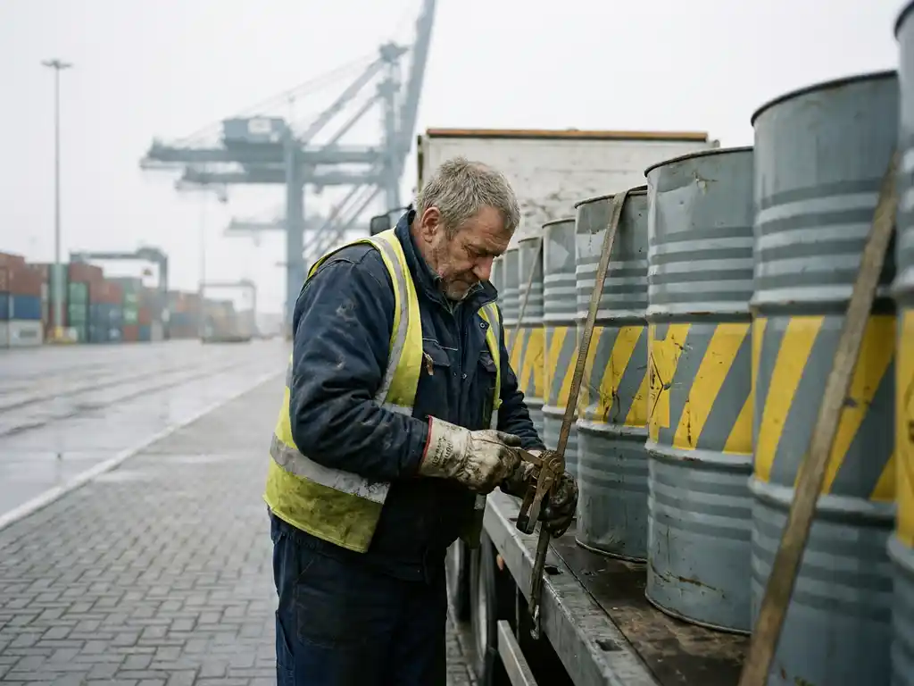 Industrieel havenarbeider in veiligheidshandschoenen sjort stalen hazmat vaten vast op flatbed truck, Antwerpse haven met kranen op achtergrond.