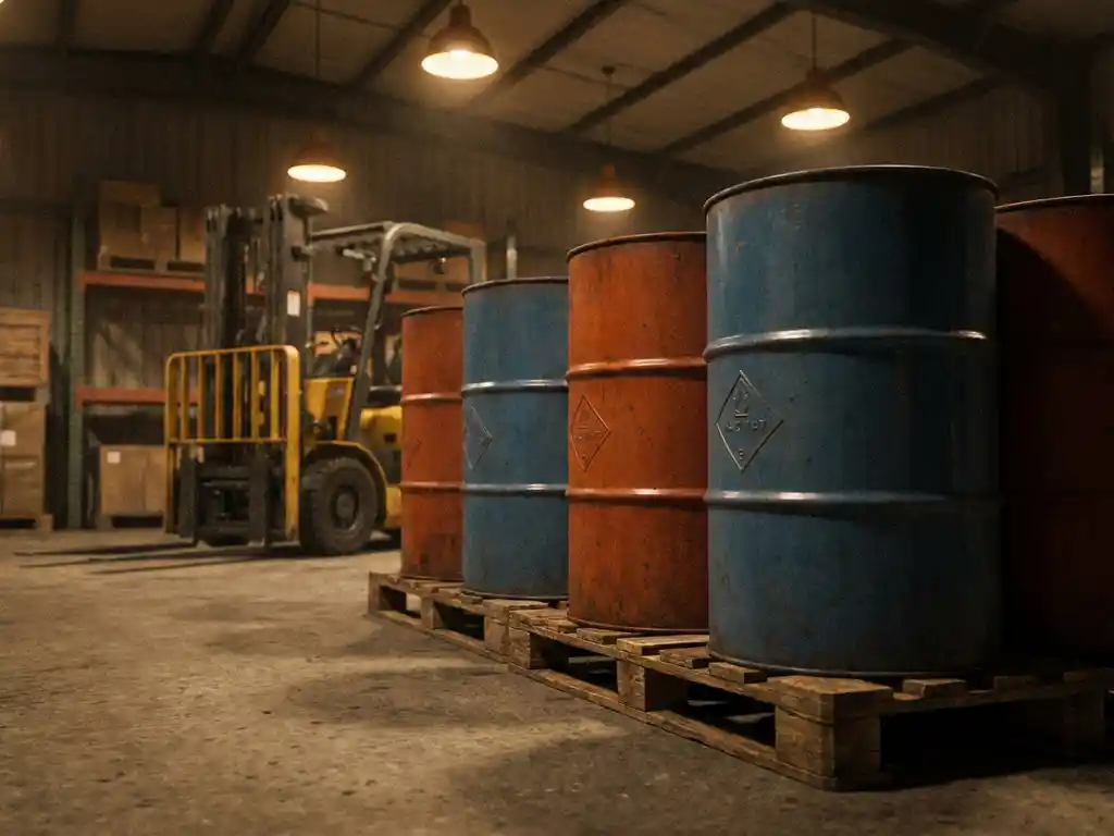 Industriële stalen vaten met UN-gevaarsstof markering op houten pallet in magazijn, heftruck zichtbaar op achtergrond.