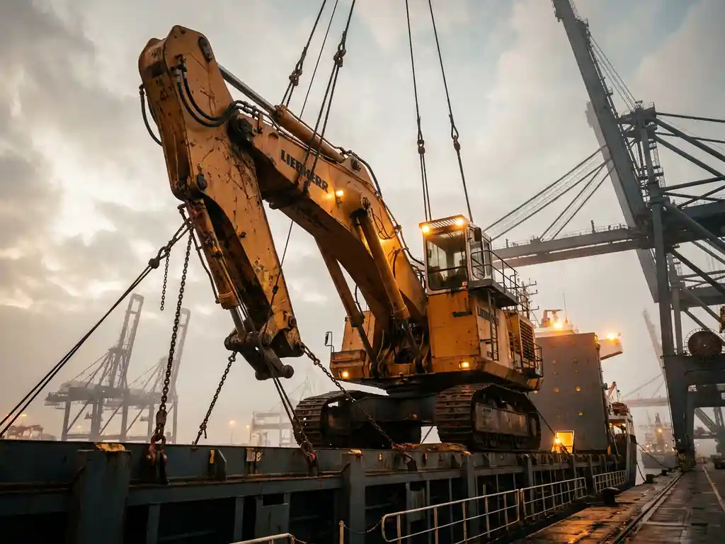 Gele hydraulische graafmachine gehesen aan staalkabels tijdens verlading op vrachtschip in de haven van Antwerpen.
