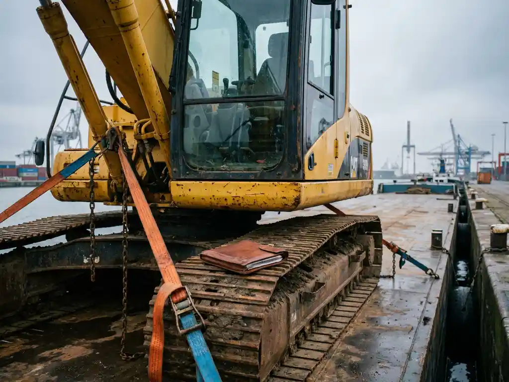 Gele graafmachine vastgezet met spanriemen op een dekschip in de haven van Antwerpen, met een versleten leren documentenmap op de rupsketting.