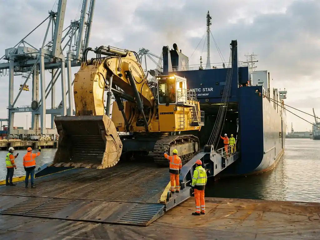 Gele graafmachine rijdt op stalen rijplaat ro-ro schip in haven van Antwerpen, begeleid door havenmedewerkers in fluovesten.