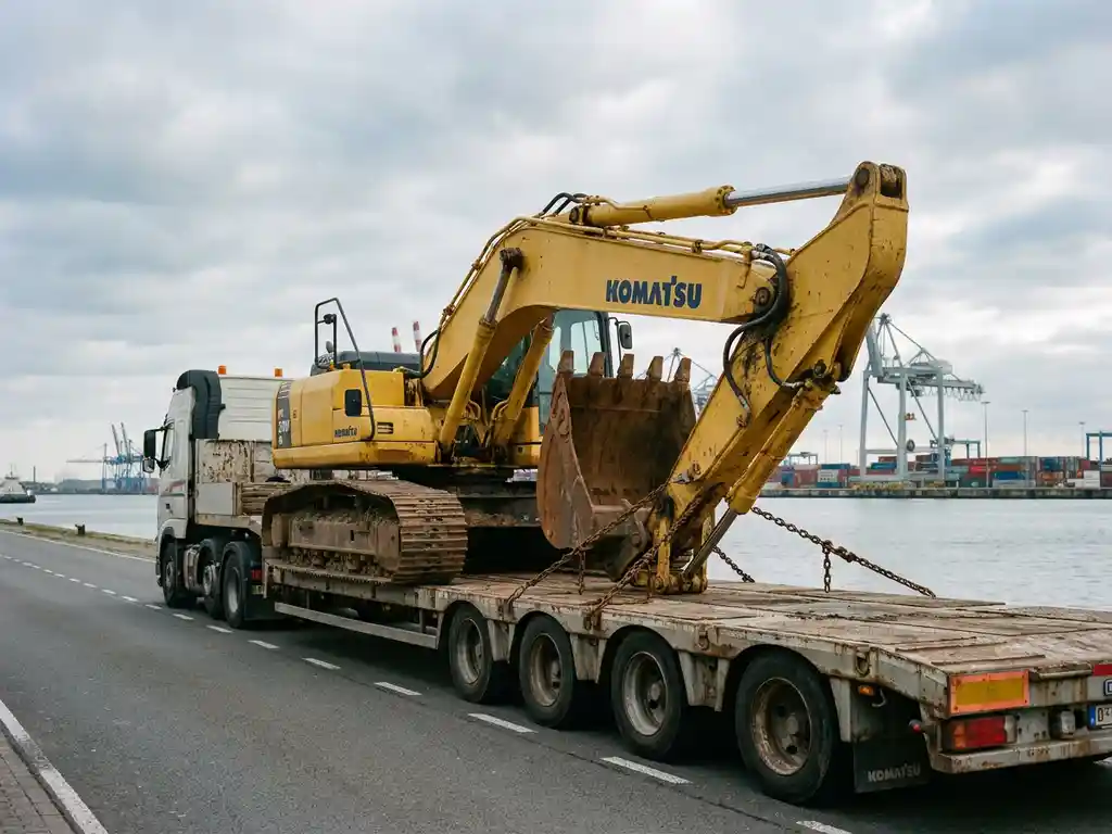 Gele graafmachine vastgezet met stalen kettingen op dieplader, haven van Antwerpen met kranen en waterweg op achtergrond.