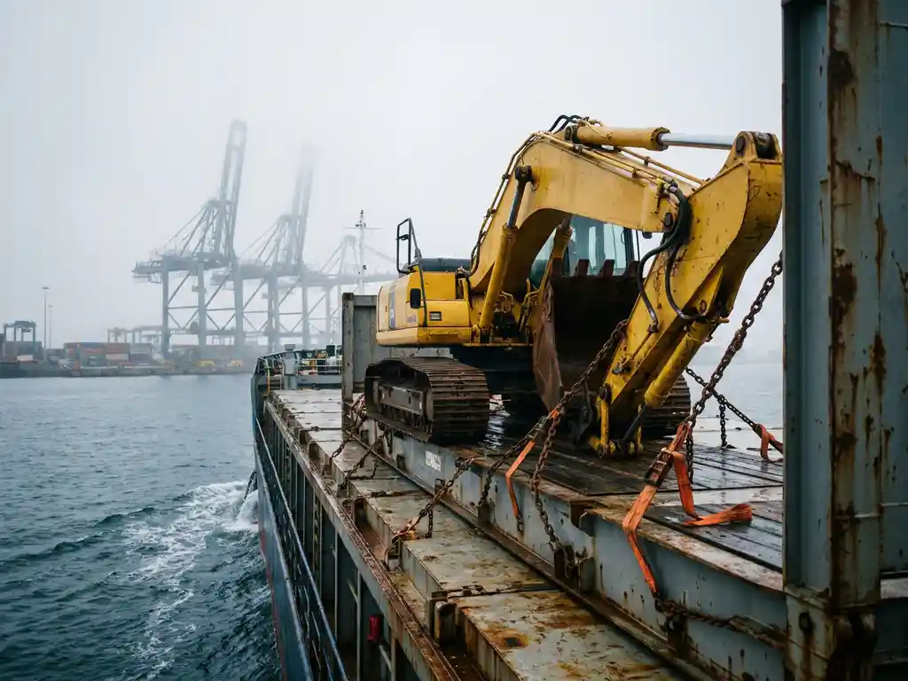 Gele graafmachine vastgezet met stalen kettingen en oranje banden op een flatrack vrachtschip in de haven van Antwerpen.