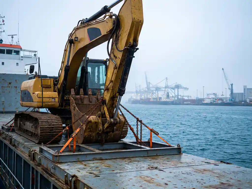 Gele graafmachine vastgezet met stalen kettingen en oranje sjorbanden op het dek van een vrachtschip, haven van Antwerpen zichtbaar op de achtergrond.