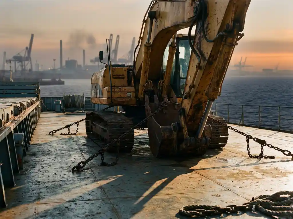 Gele graafmachine vastgeketend op het dek van een vrachtschip, met de industriële haven van Antwerpen in mistige achtergrond.
