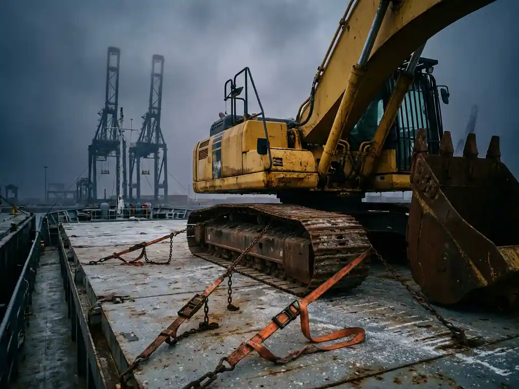 Gele industriële graafmachine vastgezet met stalen kettingen op het dek van een vrachtschip in de haven van Antwerpen.
