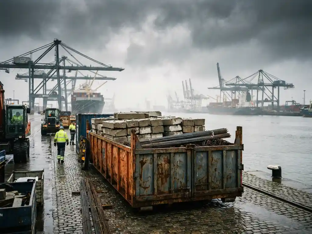 Zware open-top container met betonblokken en staalwapening op de Antwerpse haven, kranen en vrachtschepen op de achtergrond.