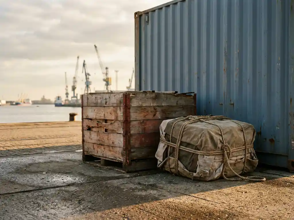 Verweerde houten kist en touwgebonden lading naast een stalen zeecontainer op de Antwerpse haven, met havenkranen en de Schelde op de achtergrond.