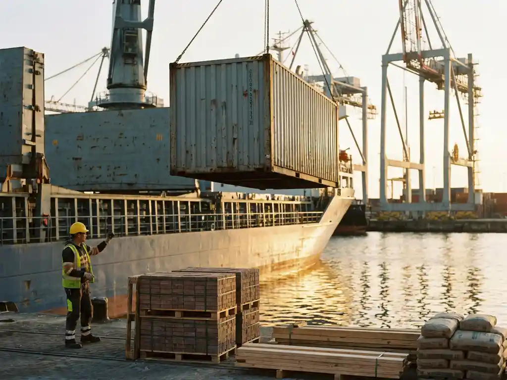 Stalen zeecontainer wordt geladen op vrachtschip in de haven van Antwerpen, met bouwvakker en pallets bouwmaterialen in het gouden avondlicht.