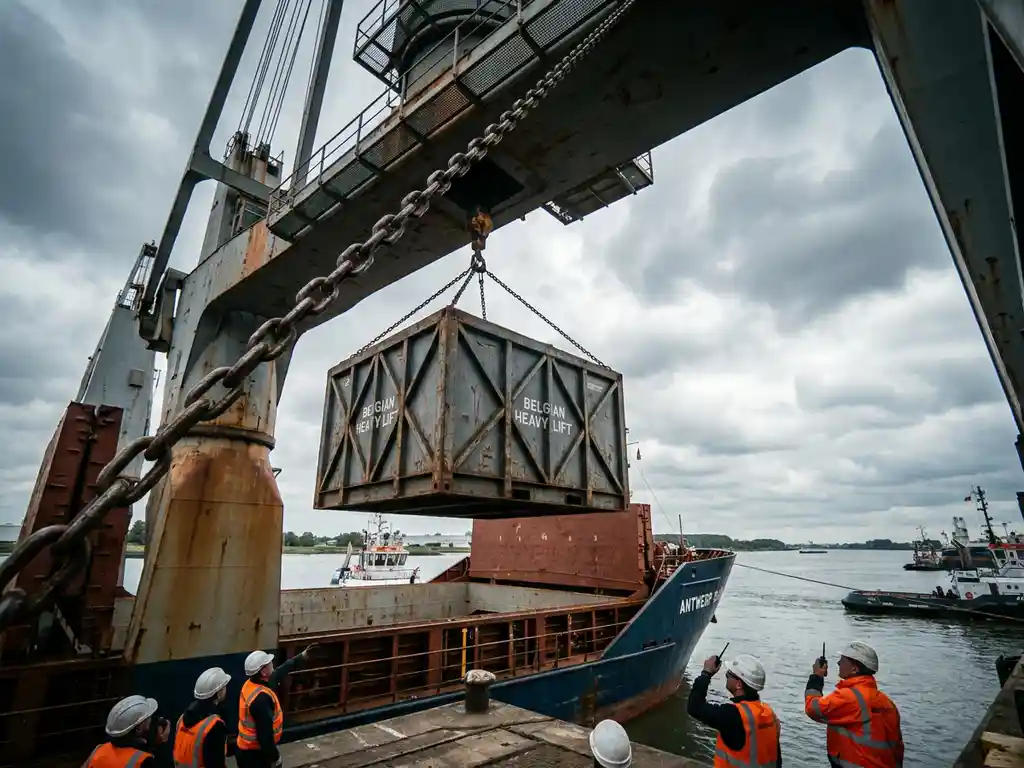 Industriële kraan tilt stalen vrachtkist boven het ruim van een vrachtschip in de haven van Antwerpen, havenarbeiders in veiligheidsvesten op de kade.