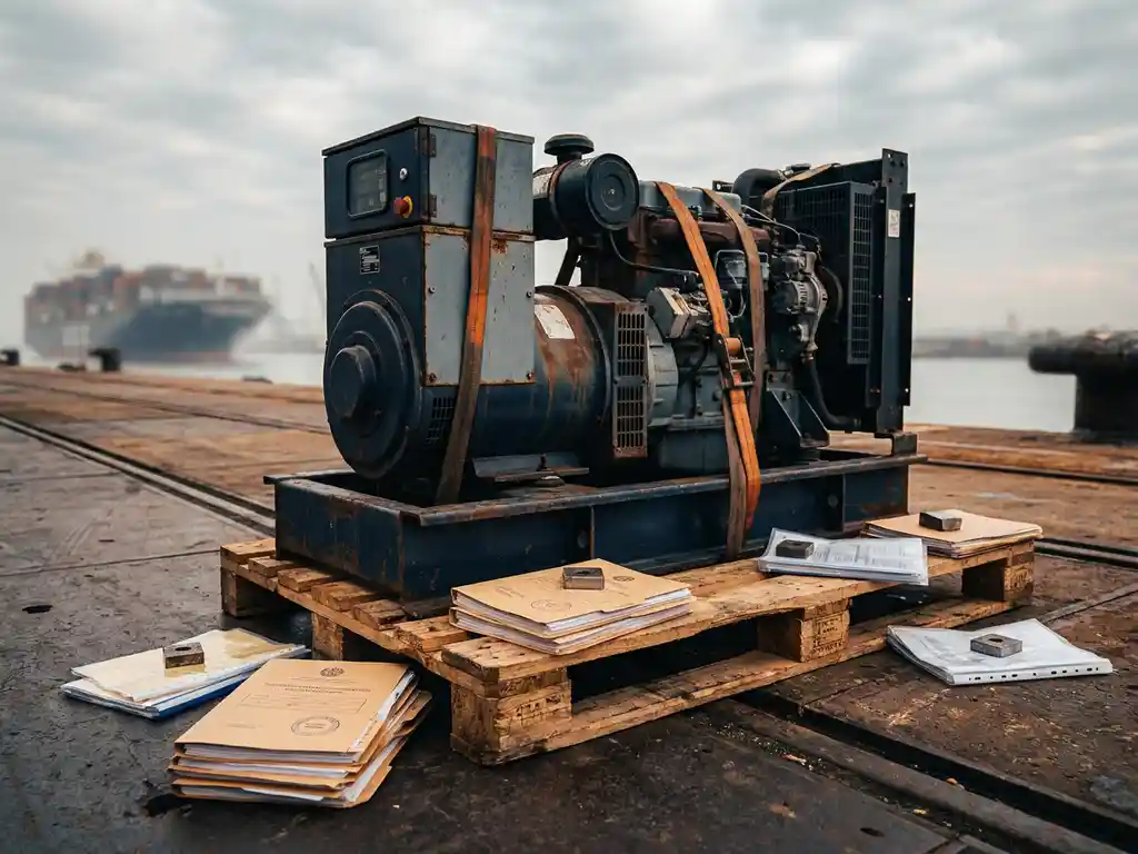 Industriële generator op houten pallet met exportdocumenten en douanemappen op stalen kade, containerschip op achtergrond.