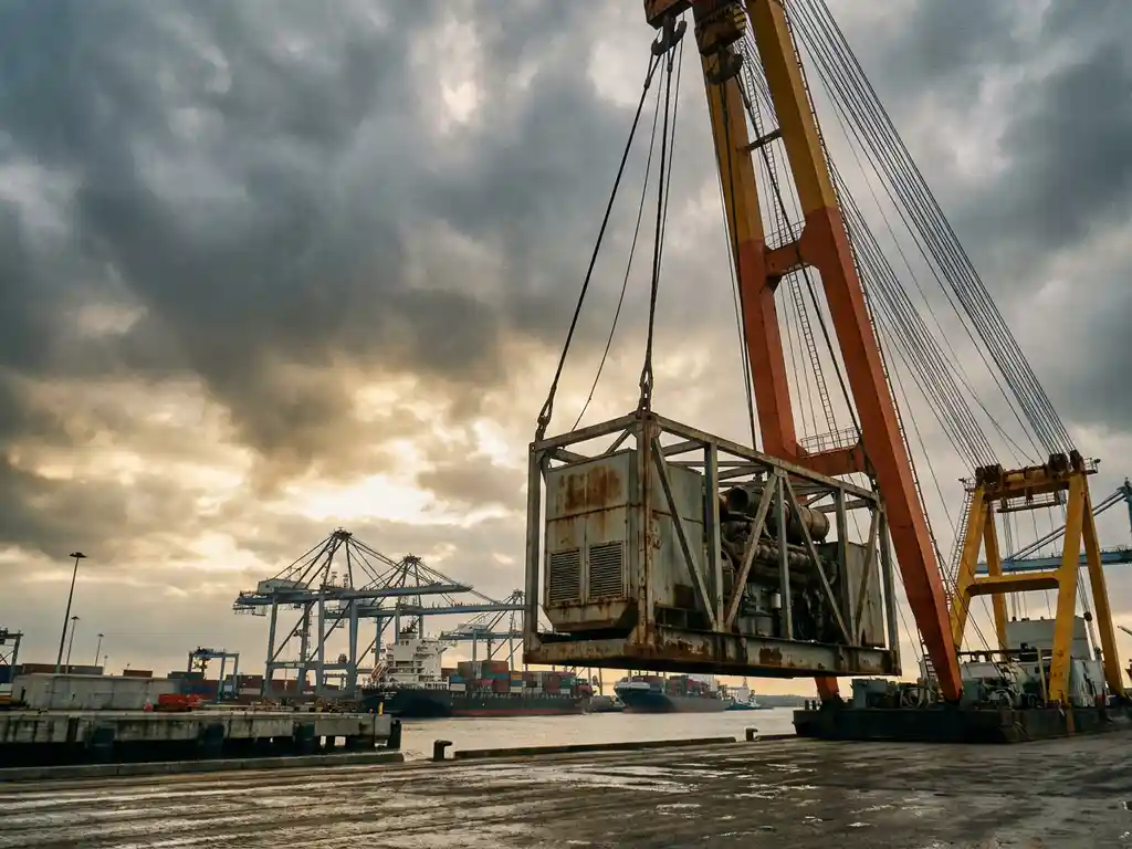 Industriële generator hangend aan hijskraan boven diepzeehaven, met containerkranen en vrachtschepen op de achtergrond.