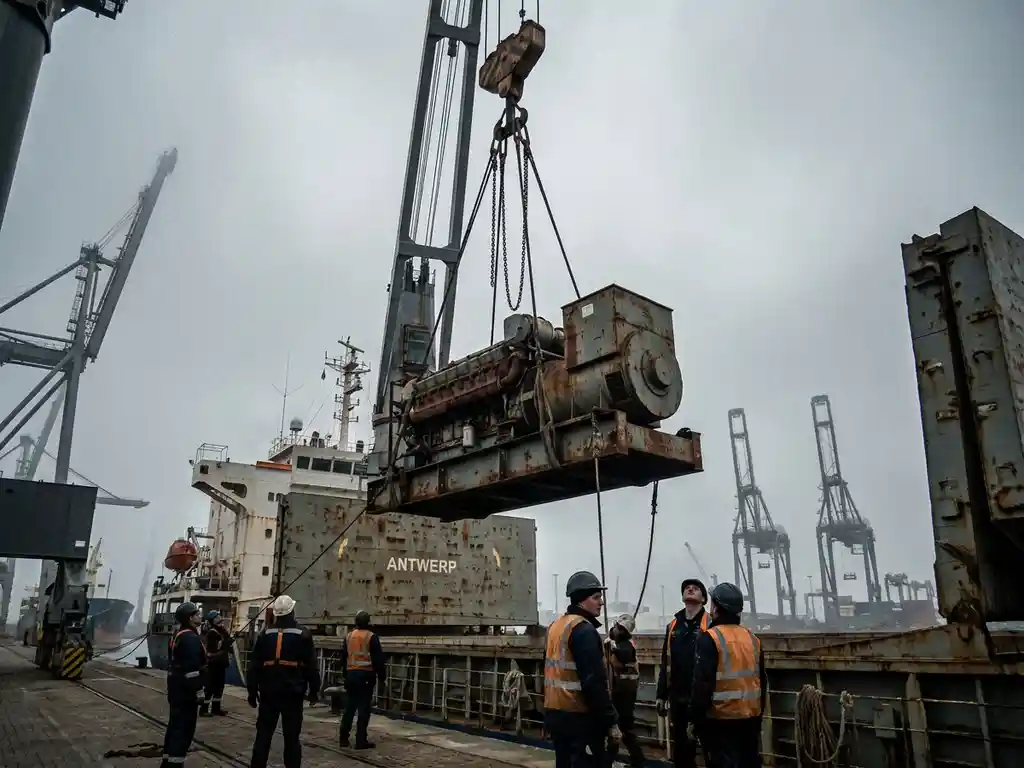 Industriële generator hangend aan kraantuigage boven het ruim van een vrachtschip in de haven van Antwerpen, havenarbeiders in veiligheidskleding op de kade.