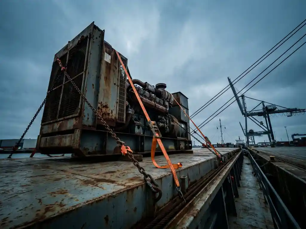 Industriële generator vastgezet met zware kettingen en oranje spanriemen op een vrachtschip in de haven van Antwerpen.