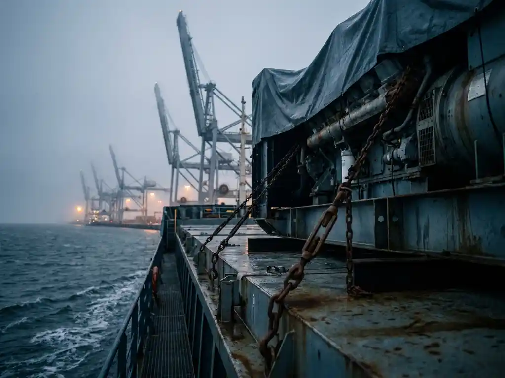 Industriële generator vastgeketend op het dek van een vrachtschip, met de havenkranen van Antwerpen zichtbaar in de ochtendnevel.