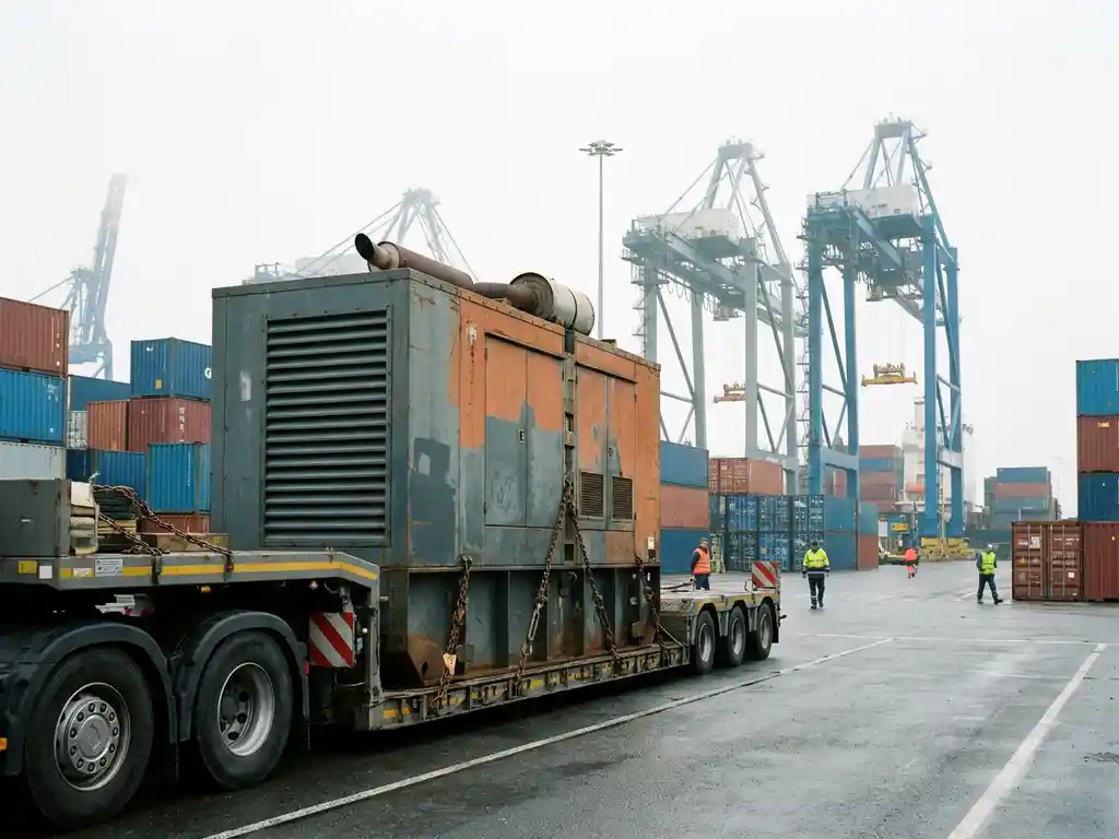 Industriële generator vastgezet met stalen kettingen op een dieplader in een Belgische containerhaven, met laadkranen en containers op de achtergrond.