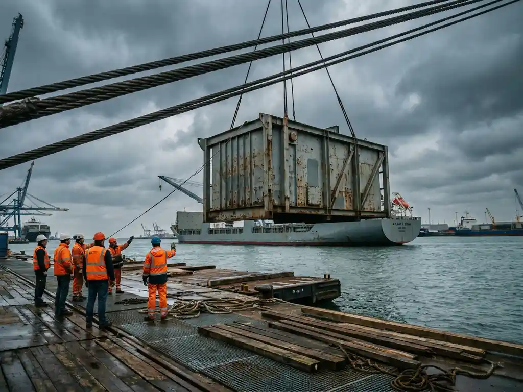 Industriële machine wordt met havenkraan op vrachtschip geladen in de Haven van Antwerpen, havenarbeiders in oranje veiligheidsvesten.
