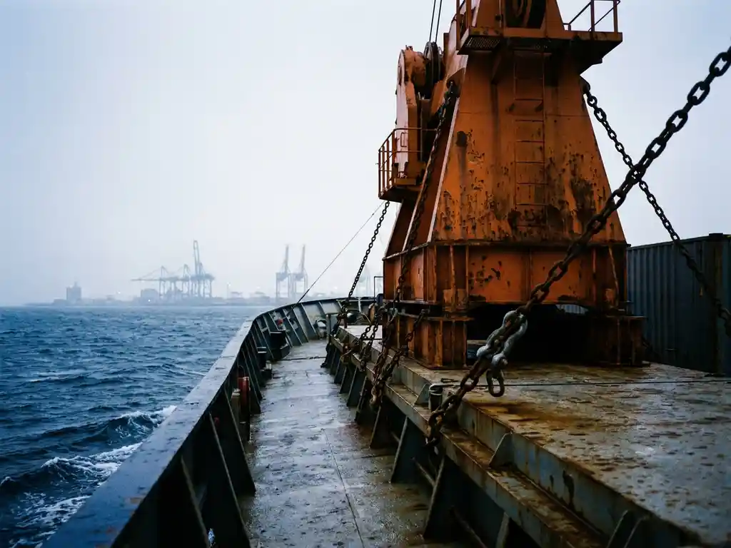 Zwaar industrieel machineonderdeel vastgezet met kettingen op het dek van een vrachtschip, met de havenkranen van Antwerpen in de mistige achtergrond.