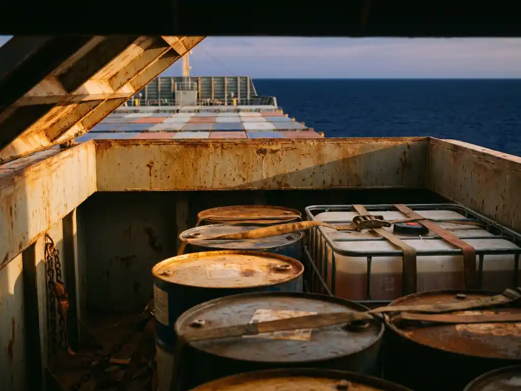 Gestapelde industriële vaten en verzegelde vloeistofcontainers vastgezet in een scheepsruim, met het dek van een containerschip zichtbaar door een stalen luik.