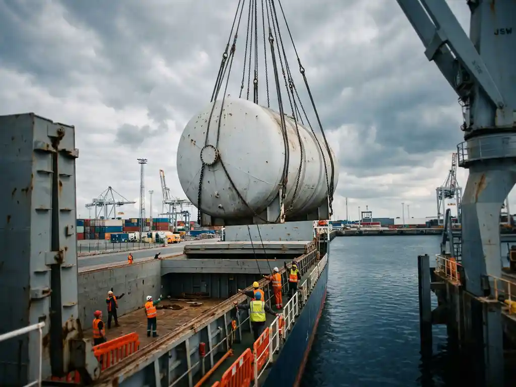 Grote witte industriële watertank hangend aan staaldraden boven het ruim van een vrachtschip, begeleid door havenarbeiders in fluovesten, haven van Antwerpen.