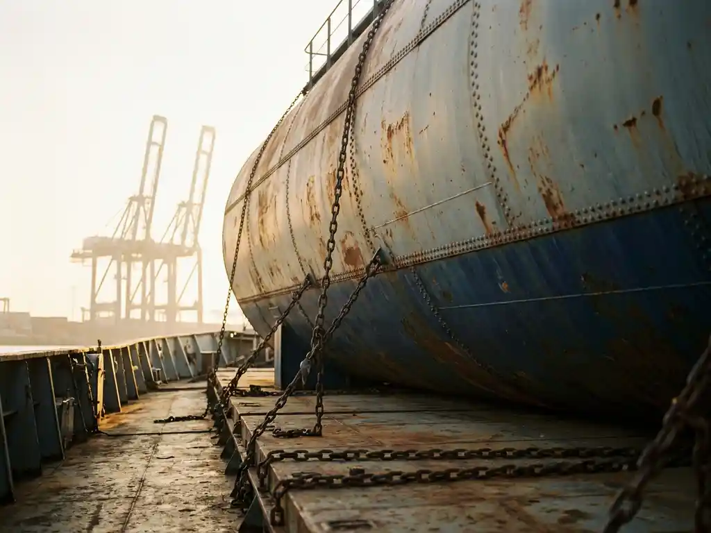 Grote industriële watertank vastgezet met stalen sjorkettingen op het dek van een vrachtschip in de haven van Antwerpen.