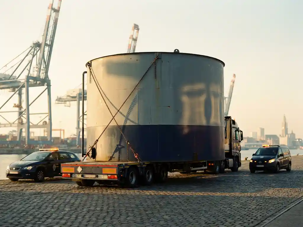 Grote industriële watertank op dieplader bij Antwerpse haven, begeleid door escortevoertuigen, met havenkranen op de achtergrond in tegenlicht.